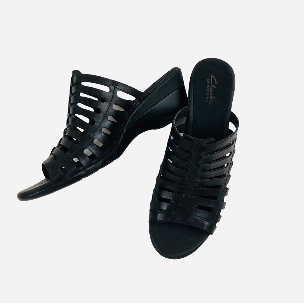 Clark’s Bendables Comfort Slide Leather Cage Wedge black Sandals Sz 10